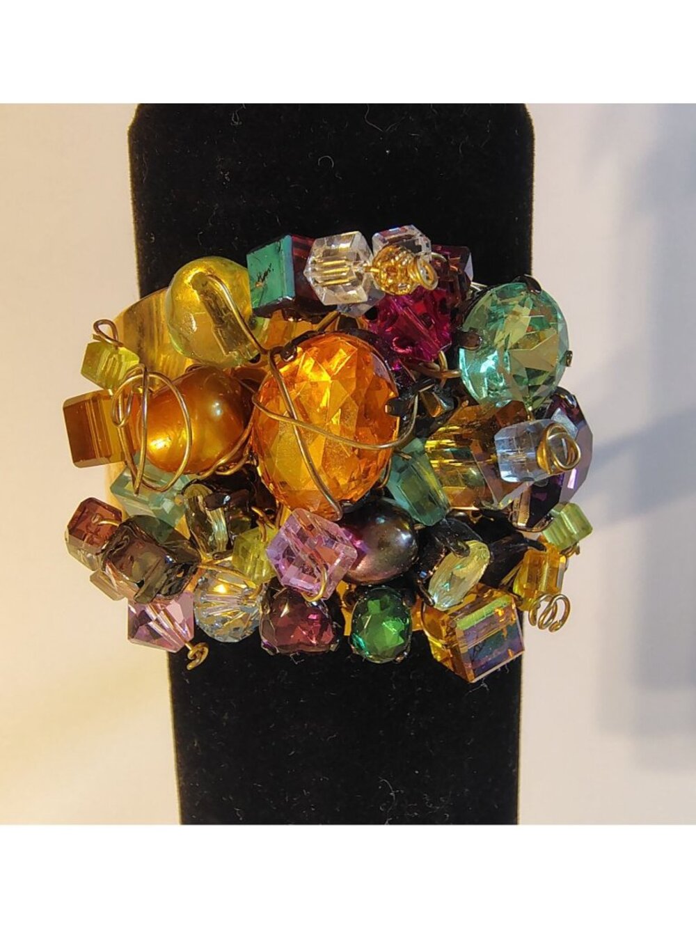 Hand Designed Brass Cuff Bracelet, Multicolor Glass Plastic Rhinestones Boho Art